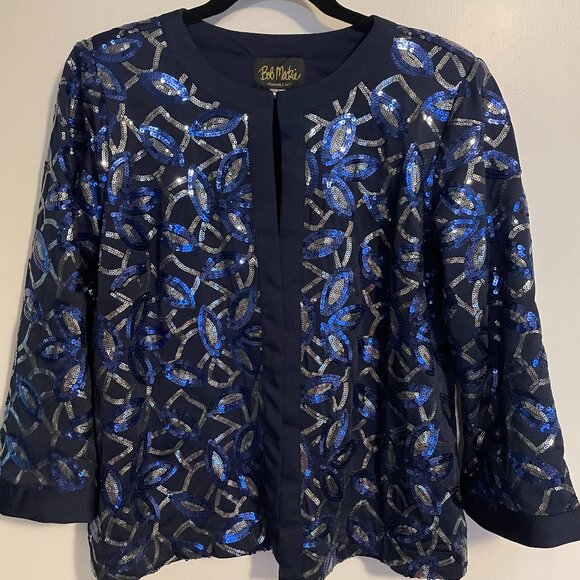 Bob Mackie Women's Open Front Cocktail Jacket Blue, Silver, Black Sequin Size S - Picture 1 of 6